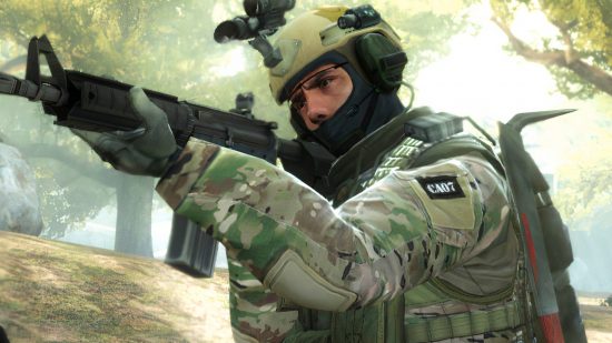 CSGO Source 2 conspiracy theory makes a bizarre amount of sense: A soldier in a helmet and balaclava aims a gun in FPS game CSGO