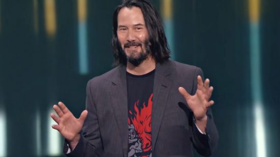 Keanu Reeves loves his bad-mouthed Cyberpunk 2077 role as much as you: Keanu Reeves on stage at E3 2019