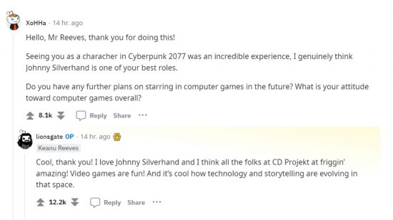 Keanu Reeves loves his bad-mouthed Cyberpunk 2077 role as much as you: Keanu Reeves answering a Cyberpunk 2077 question on Reddit