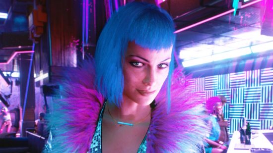 Cyberpunk 2077 Phantom Liberty ‘details’ dismissed by CDPR: A woman with purple and pink clothing and blue hair in a sci fi bar from Cyberpunk 2077