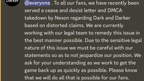 A Discord statement discussing an alleged cease and desist later sent to the Dark and Darker devs by Naxon