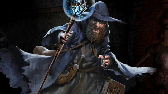An old bearder wizard in a blue pointy hat and robes brandishing a staff that glows with a blue crystal at the top