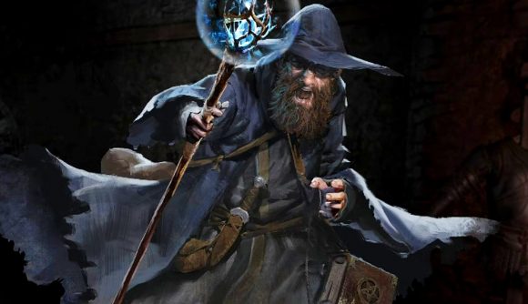 An old bearder wizard in a blue pointy hat and robes brandishing a staff that glows with a blue crystal at the top