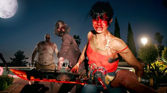 Dead Island 2 gameplay preview: A female zombie in a red top stands in front of the player as they wield a customised knife, two other zombies stand nearby.