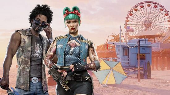 Dead Island 2 slayers: Jacob and Dani stand in front of a backdrop of the LA pier and beach in the sun.