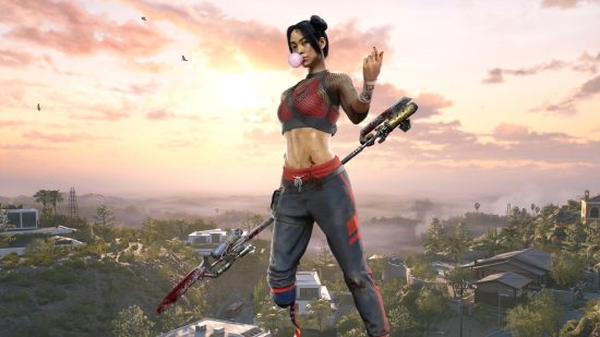 Dead Island 2 slayers: amy stands in front of the residential area of Beverly Hills, with the sun setting over the modern houses.