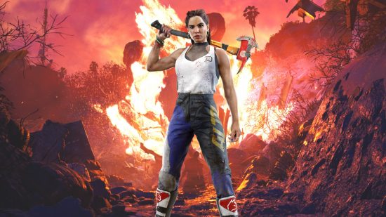 Dead Island 2 slayers: Carla stands in from of a fiery backdrop in motorcycle gear.