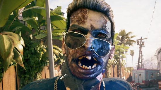 Dead Island 2 gameplay preview: A woman holds a zombie in sunglasses by the throat, his skin is decaying and his teeth are rotting.
