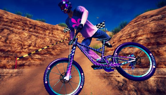 Ultra-hard biking roguelike Descenders is confirmed for a sequel: A mountain biker soars through the air in rougelike Descenders