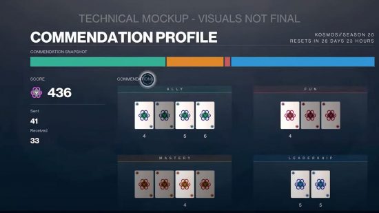 Destiny 2 commendations for the sickest drip would be dope: A Destiny 2 screen showing the different commendations you can give other players in Lightfall