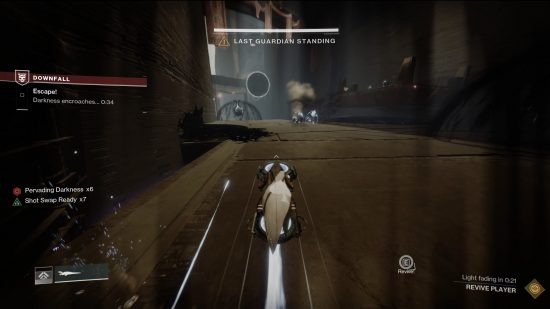 Destiny 2 Lightfall Downfall: a person riding a hoverbike moves at breakneck speed down a narrow gully
