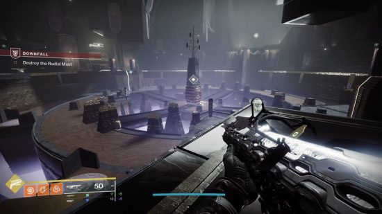 Destiny 2 Lightfall Downfall: a huge circular room houses a futuristic obelisk