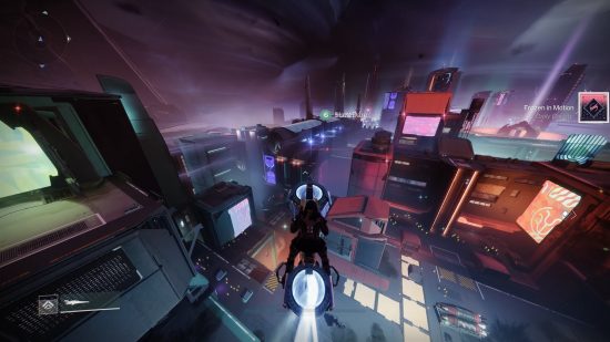 Destiny 2 Lightfall Downfall: a person riding a hoverbike flies through the air in a futuristic city