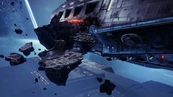 Destiny 2 Lightfall review in progress - left in the dark: Calus's ship approaches in Destiny 2 Lightfall.