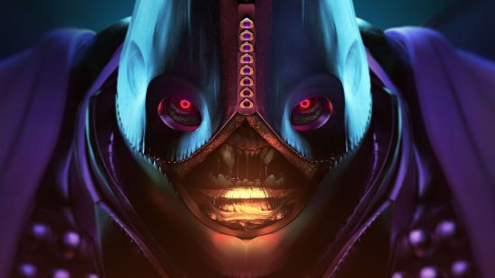 Destiny 2 Lightfall review: the newly empowered Emperor Calus leers at the camera, bright red eyes glowing and drool slobbering, clad in purple regalia