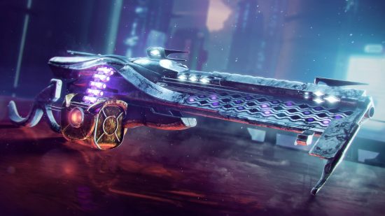 Destiny 2 Niedokończony biznes: Ogromny neonowy karabin maszynowy stoi przed futurystycznym miastem