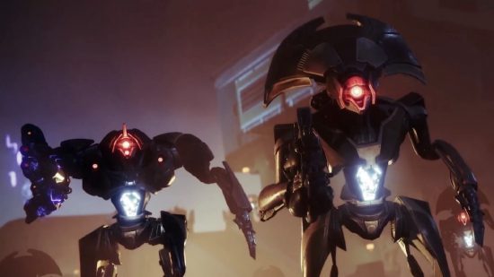 Destiny 2 Vex Incursion zone: two menacing robots fire their laser weapons