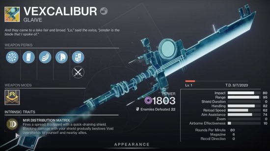 Destiny 2 Guía de Glaive Vexcalibur - Cómo comenzar la búsqueda: The Vexcalibur, junto con todas las estadísticas