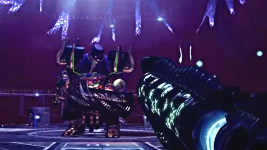 Destiny 2 Lightfall Calus boss fight: The glowing runes of the Witherhoard grenade launcher are visible on its barrel as a Guardian takes aim at Calus, a sinister, giant figure holding a heavy gun.