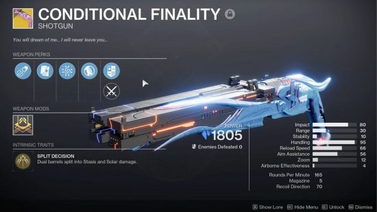 Liste des exotiques Destiny 2 Lightfall: fusil de chasse exotique de raid de finalité conditionnelle.