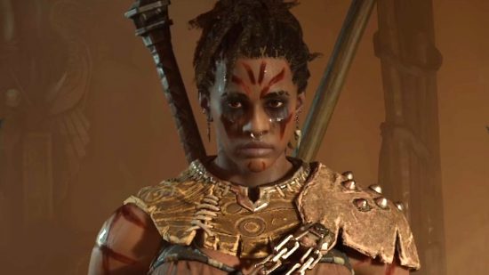 Diablo 4 Barbarian build: A Barbarian from Diablo 4, one of the many returning classes from Blizzard's long-standing ARPG. This Barbarian sports ornate armour and is daubed in blood and black face paint.