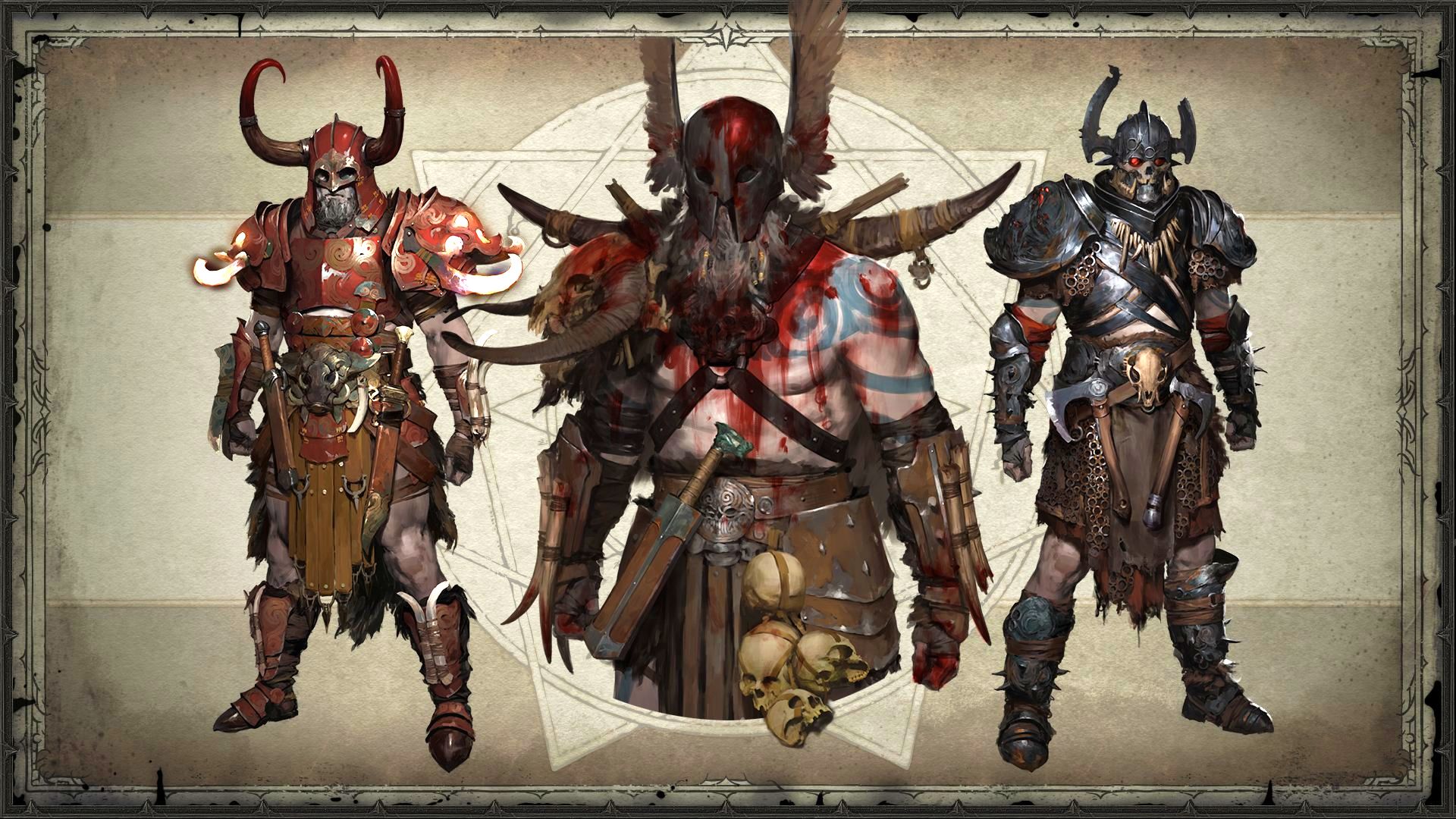 Diablo 4 Barbarian Collection: Concept art of armor and gear created before the Diablo 4 beta, ranging from ornate armor to leather skins and bone gear.