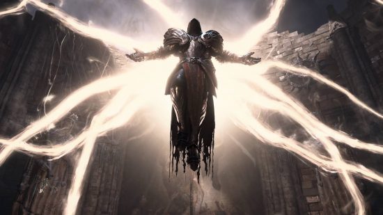 An angel with wings made of golden light, wearing silver armor and a white hood, soars with open arms.