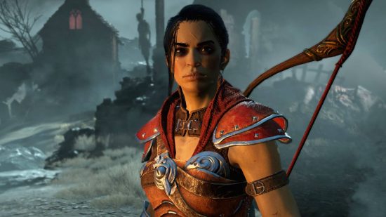 Diablo 4 beta drop rates won't be like this at launch: A woman with brown hair in a ponytail with a bow strung on her back with red leather armour looks into a camera with a gallows in the background