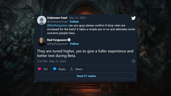 Diablo 4 beta drop rates won't be like this at launch: A Twitter comment thread asking Rod Fergusson about Diablo 4 beta drop rates