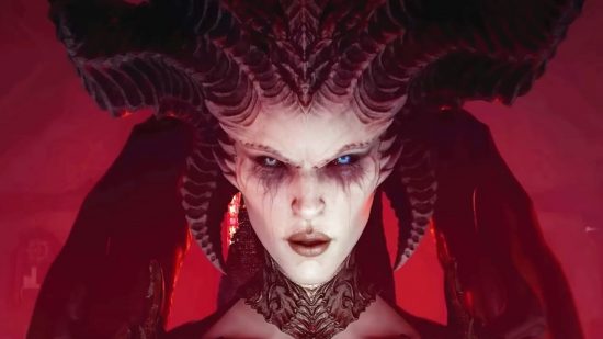 Diablo 4 beta dungeons criticised as repetitive and “cookie cutter”: A horned demon with piercing blue eyes, Lilith from Blizzard RPG game Diablo 4