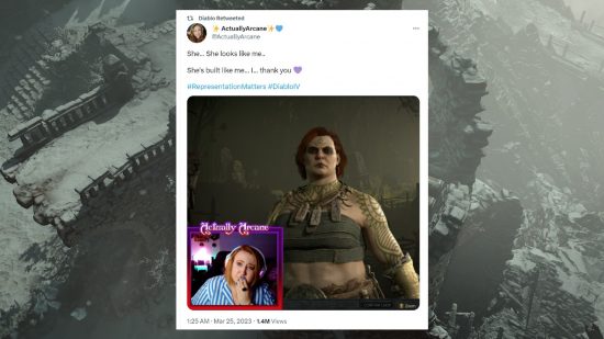 A tweet about Diablo 4 showing a female Druid character and discussing how she looks like the publisher