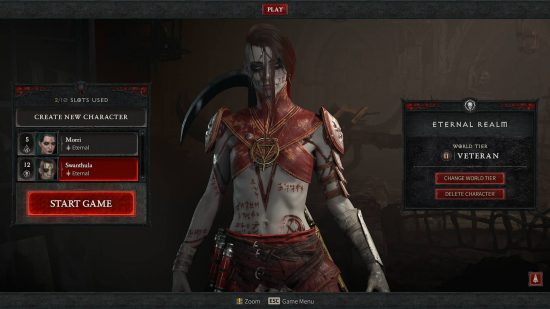 Diablo 4 main menu is a pale, slender woman with long black and red hair falling over her face, wearing a red armor with bloody markings on her body.