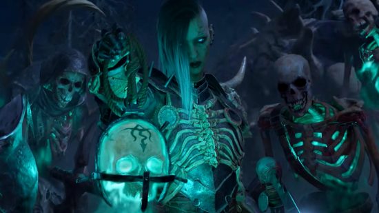 Diablo 4 beta - what to expect from Druid and Necromancer: A woman with glowing green eyes, long black hair that's shaven on one side and tipped with white, holds up a glowing skull with an obscure carving on it surrounded by glowing blue skeletons