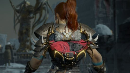 Diablo 4 beta sees players rescue one million puppies: A woman wearing heavy armour with ginger hair in a ponytail has a small black puppy lying in a cradle strapped to her back