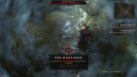Diablo 4 beta - screenshot taken just after death into The Butcher, a giant demon with a character ax and meat hook.  The text on the screen is as follows: 