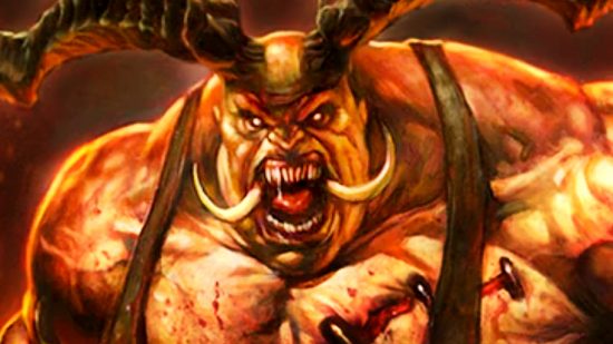 Diablo 4 beta's most dangerous enemy - Artwork of The Butcher, a giant horned demon with tusks protruding from his mouth, from Blizzard to promote Diablo 3