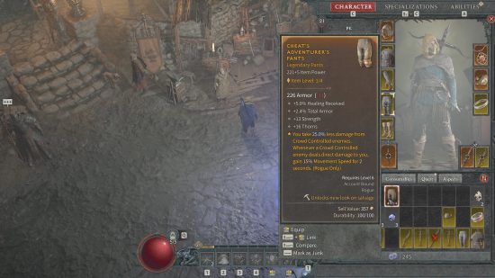 Best Diablo 4 Rogue Build: a rundown of the stats given to the player by a pair of pants.