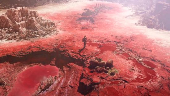 Diablo 4 Dry Steppes - a character stands on the reddish and white ground of vast salt flats