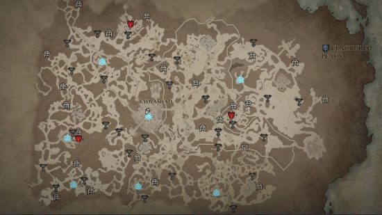 Diablo 4 map: an old style map with red markers denoting the location of enemy strongholds.