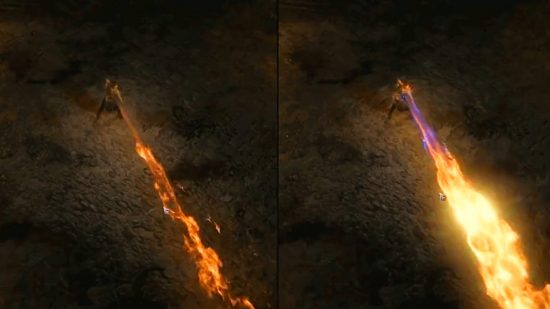 Diablo 4 skill intensity - comparison shots showing the incinerate skill at a lower level (with a light stream of fire) and a higher level (a billowing cloud of flame with lashings of blue towards the source).