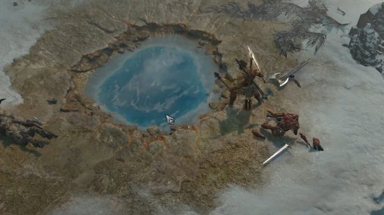 Diablo 4 Geheimnisse des Frühlings: Ein riesiger Mann steht neben einer heißen Quelle
