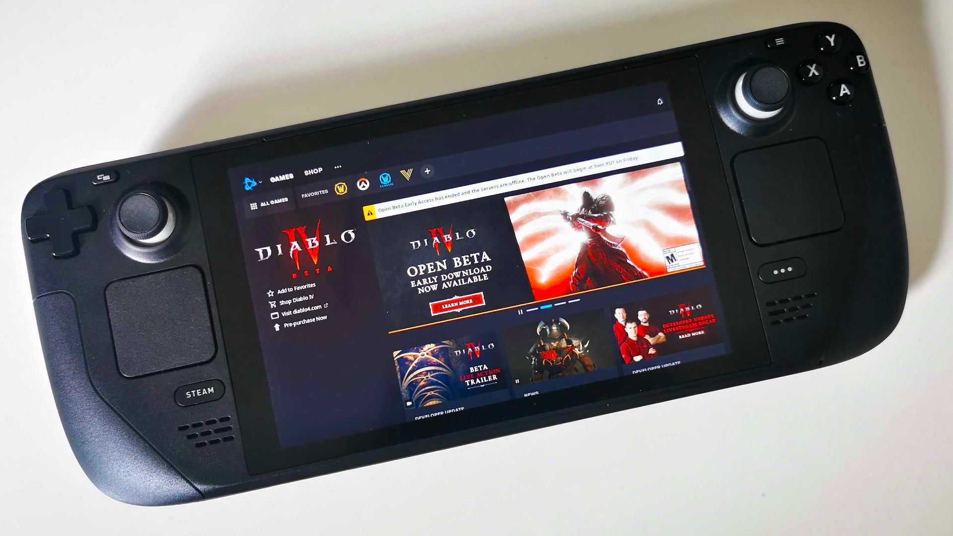 Diablo 4 Steam Deck: Battle.net page for game on handheld screen