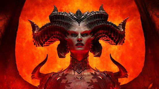 Diablo 4 system requirements: Lilith, the game's antagonist, looks down with an indifferent glare