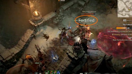Diablo 4 tips: The Fortified status ailment appears during battle, displayed by the word "Fortified" being shown on screen.