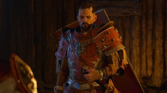 Diablo 4 is borrowing one of WoW's best features, and I love it: A bearded white man with blood red leather armour stands looking at the camera in a dimly lit cavern