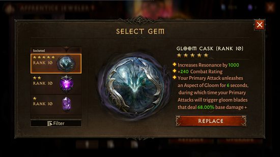 Diablo Immortal Gloom Cask legendary gem - "Your primary attack unleashes an aspect of gloom for six seconds"
