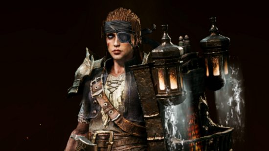 Diablo Immortal update 1.7.5 patch notes - a crusader in the Sea Reaver outfit, with pirate-style eyepatch, headband, and dripping wet shield