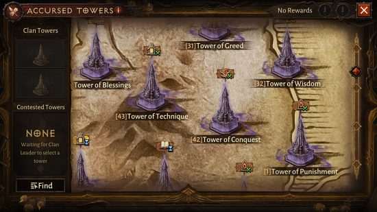 Diablo Immortal update three - the menu screen for clans to choose which accursed tower they want to challenge for