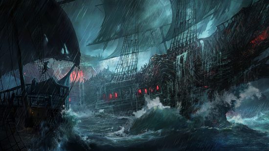 Diablo Immortal update - the Dread Reaver, a giant ship with glowing red lights coming from its cabins, thrashes over roiling ocean waves