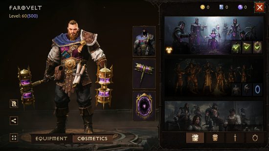 Diablo Immortal update patch notes - menu showing the option to hide your character's helmet from the cosmetics screen